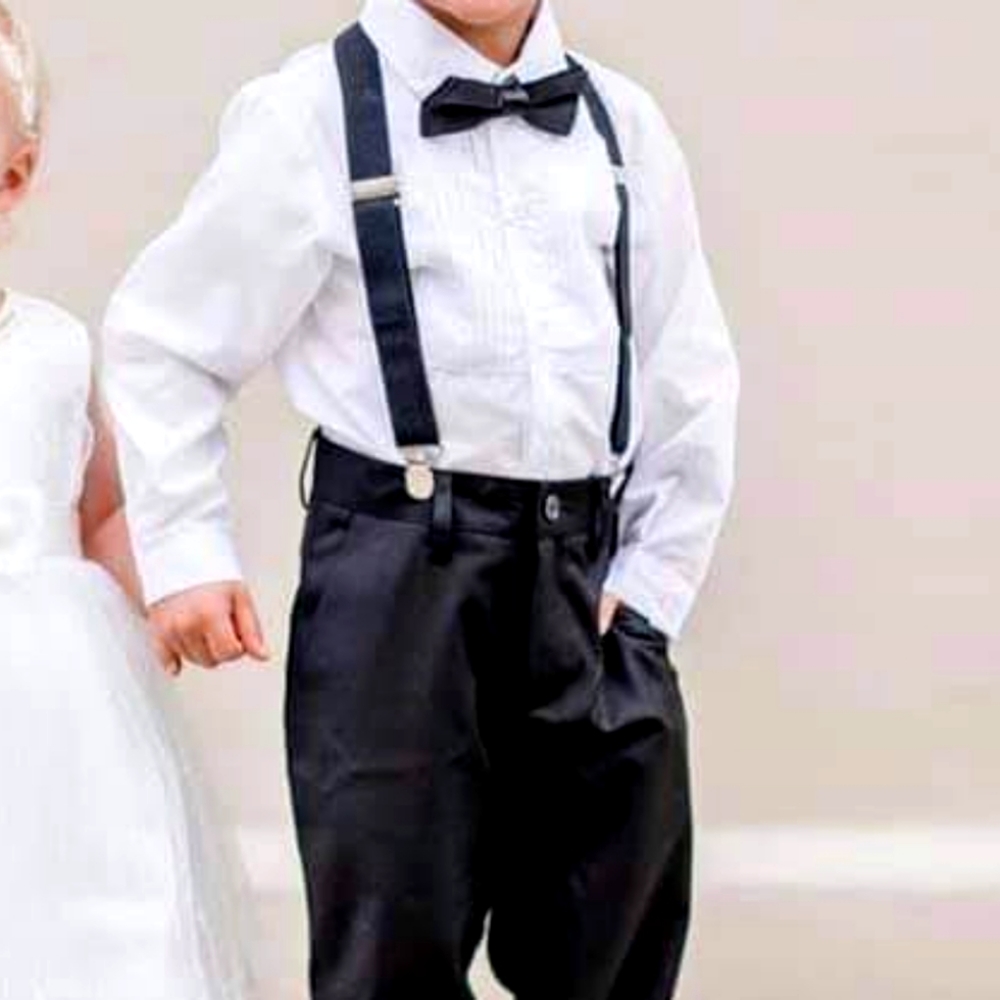 Dress shirt, pants, bow tie, and suspenders